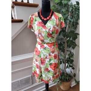 Eva. Mendes White Floral Polyester V-Neck Short Sleeve Knee Length Wrap Dress M